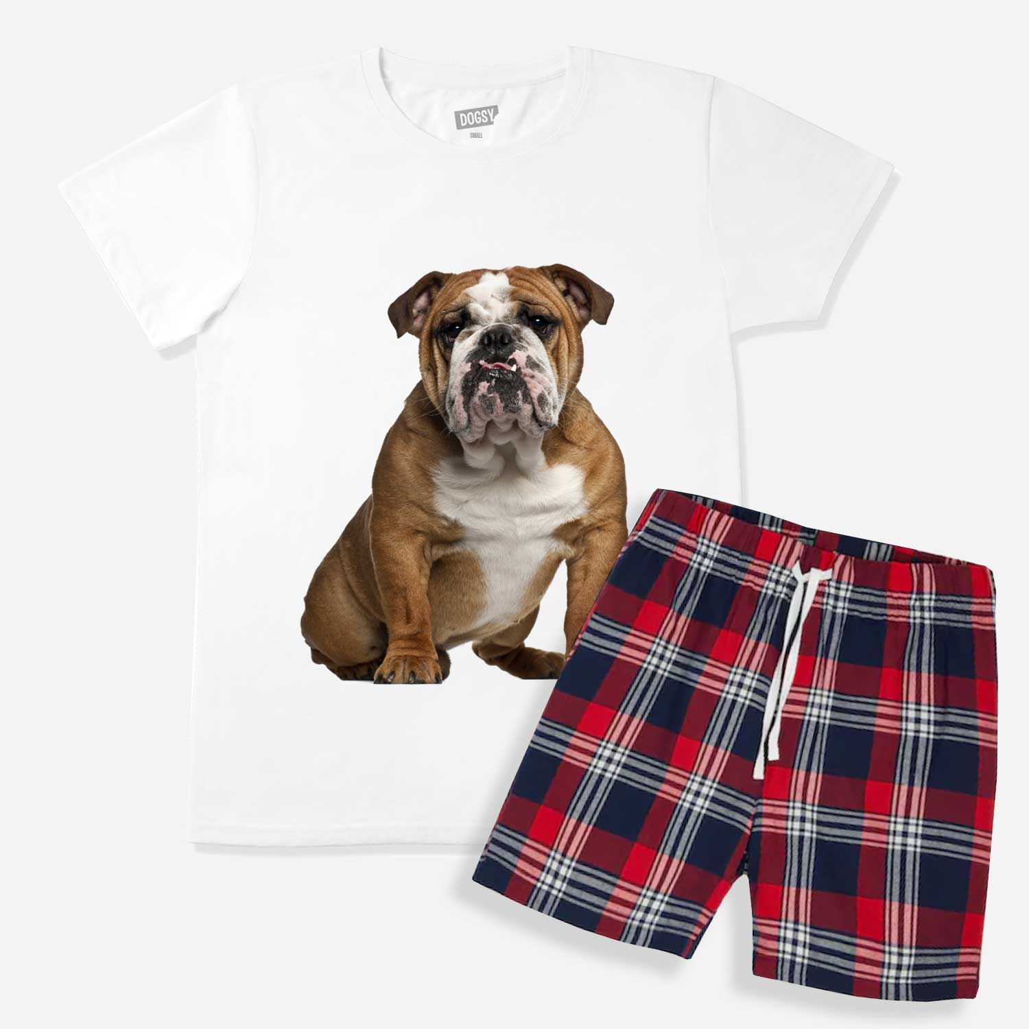 Men's Dog Face Pyjamas - Red Tartan Shorts Set