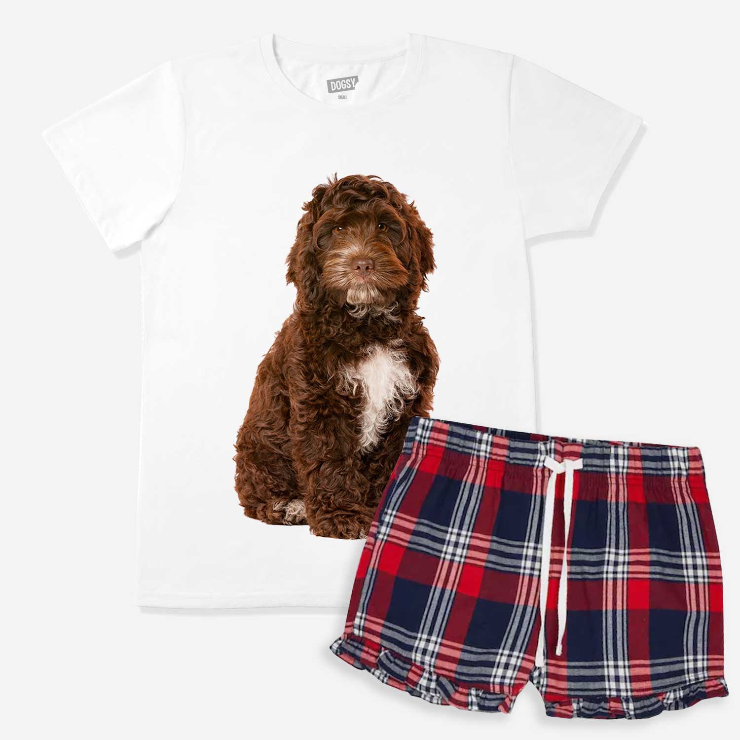 Women's Dog Face Pyjamas - Red Tartan Shorts Set