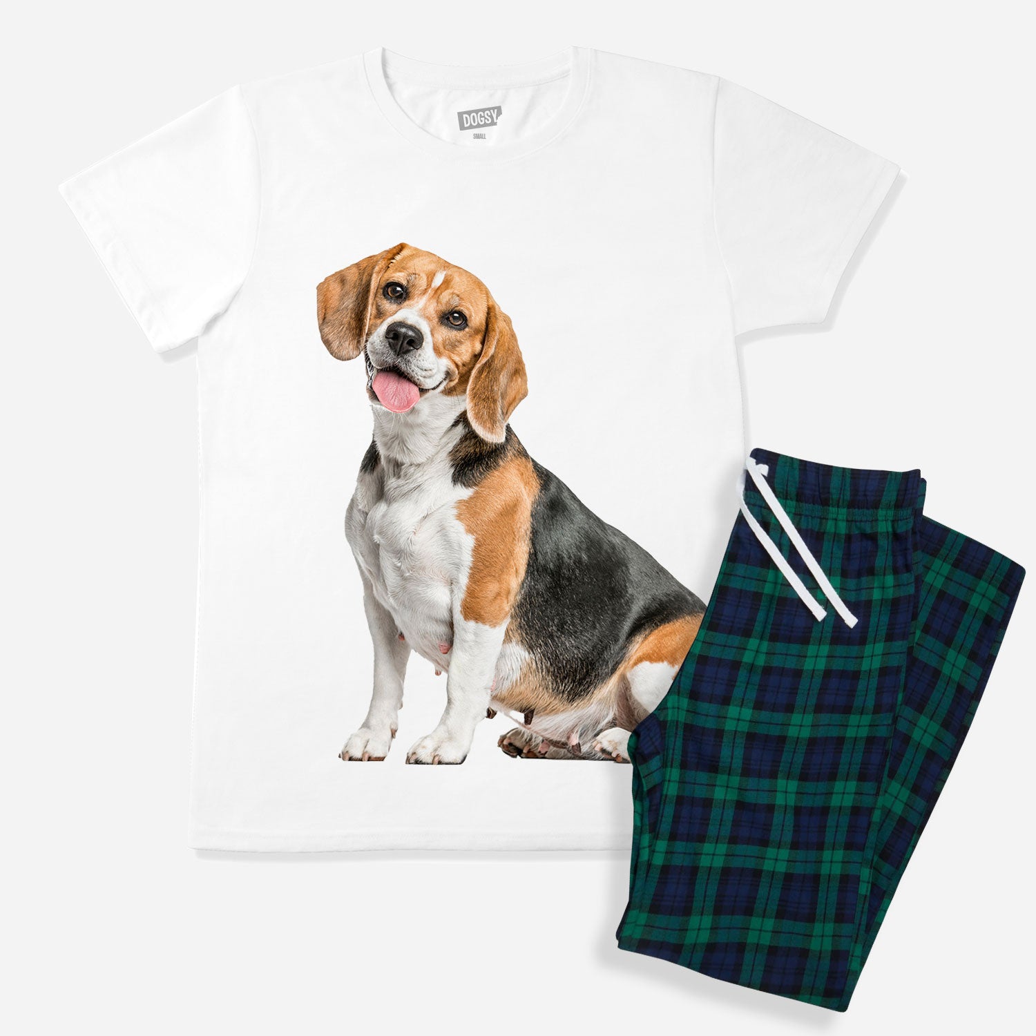 Women's Dog Face Pyjamas - Green Tartan Trouser Set