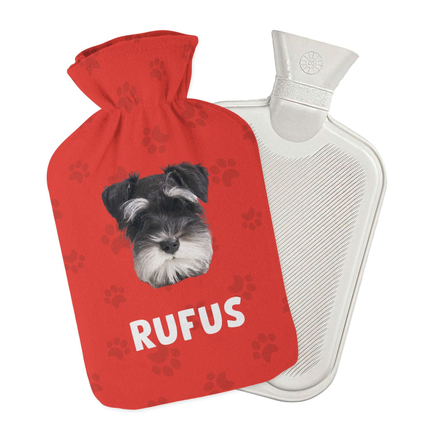 personalised hot water bottle featuring your dogs face and name