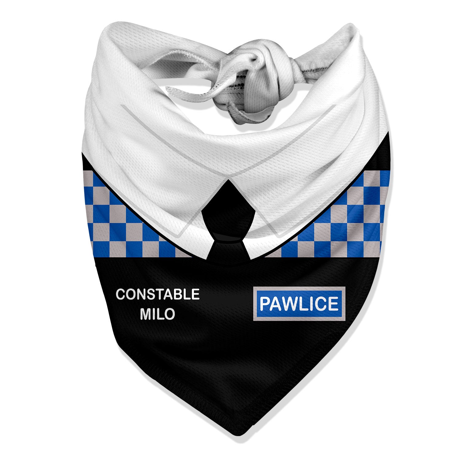 A dog bandana designed to resemble a police constable uniform with 'Pawlice' and 'Constable Milo' printed on it.