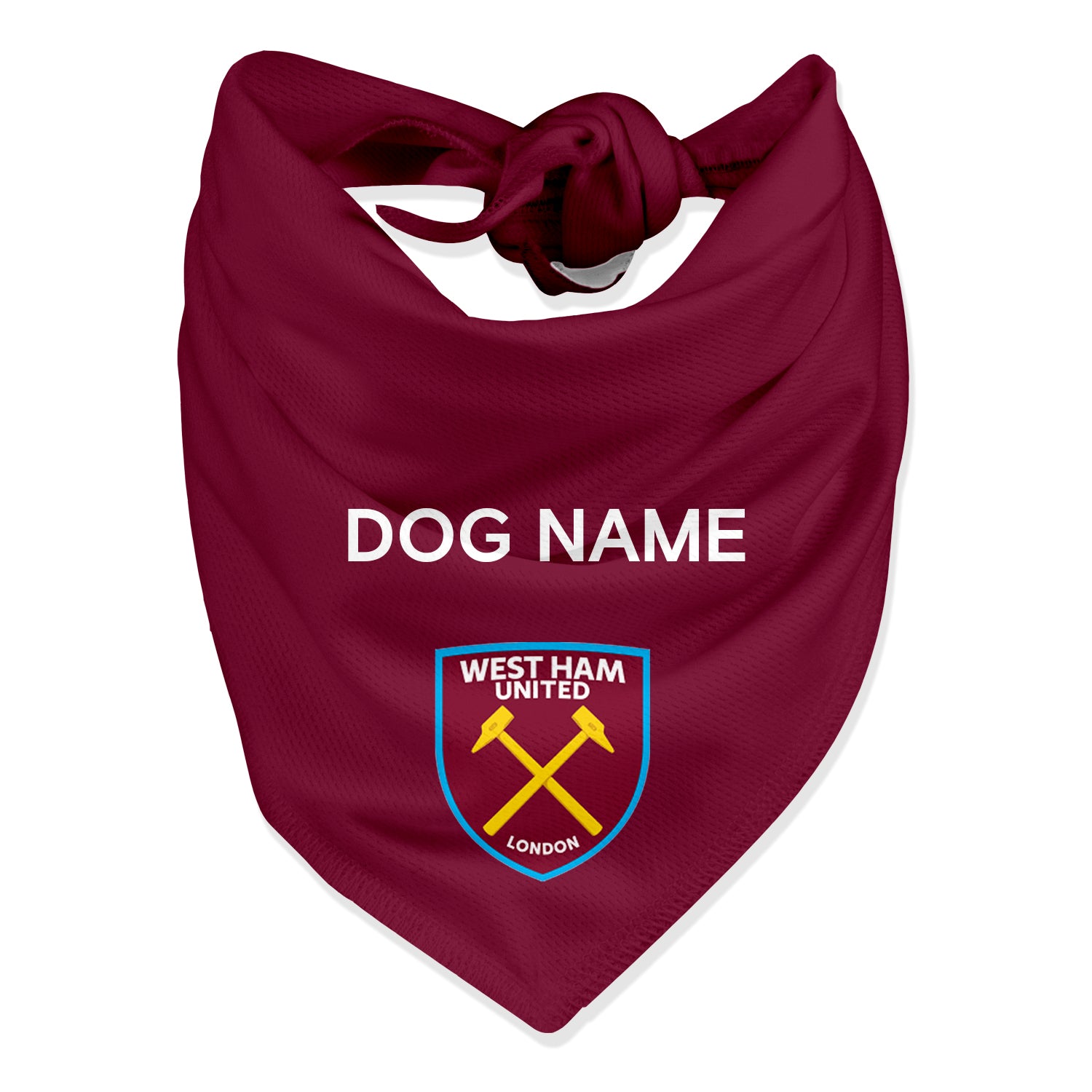 A maroon dog bandana with the West Ham United logo and a placeholder for a dog name.