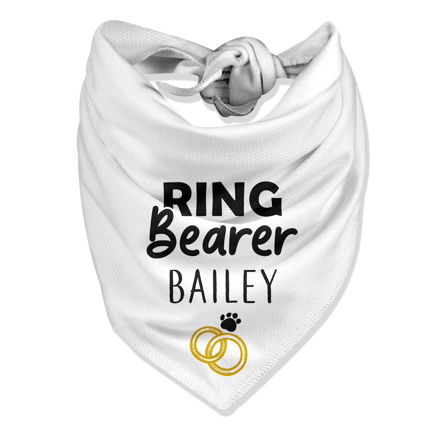 A white dog bandana with the text 'RING BEARER BAILEY' printed in black, along with a small graphic of a paw print.