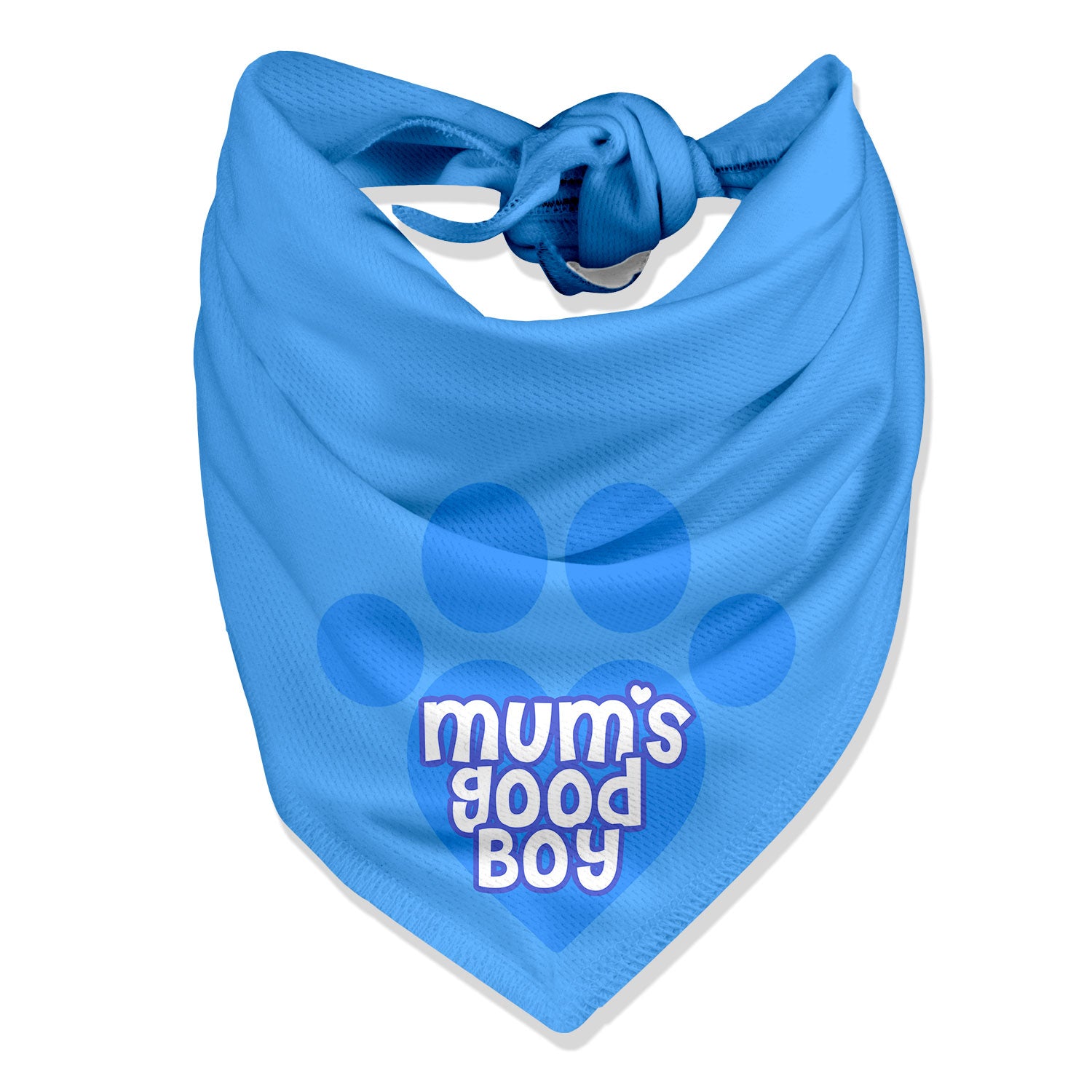 A blue dog bandana with a heart and paw print design, and the text 'mum's good boy' printed on it.